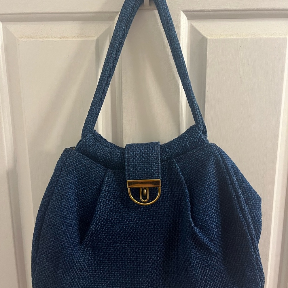 Vintage 1960s Blue Tweed Shoulder Bag Brass Hardware